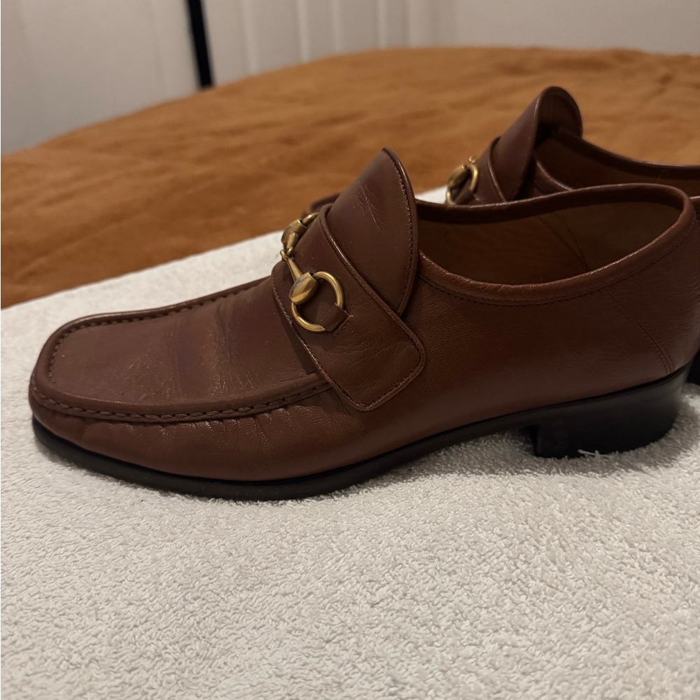 Gucci Tan Leather Men's Slip-On Loafers with Gold Detail